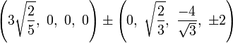 \left(3\sqrt{\frac{2}{5}},\ 0,\ 0,\ 0\right) \pm \left(0,\ \sqrt{\frac{2}{3}},\ \frac{-4}{\sqrt{3}},\ \pm2\right)