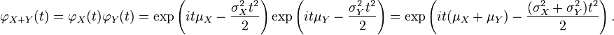 \varphi_{X+Y}(t)=\varphi_X(t) \varphi_Y(t) =\exp\left(it\mu_X - {\sigma_X^2 t^2 \over 2}\right) \exp\left(it\mu_Y - {\sigma_Y^2 t^2 \over 2}\right) = \exp \left( it (\mu_X +\mu_Y) - {(\sigma_X^2 + \sigma_Y^2) t^2 \over 2}\right).