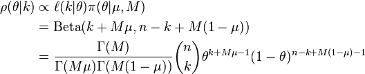  
\begin{align} \rho(\theta|k) & \propto \ell(k|\theta)\pi(\theta|\mu,M) \\
                             & = \operatorname{Beta}(k+M \mu, n-k+M(1- \mu) ) \\
                             & = \frac{\Gamma(M)}
                                      {\Gamma(M\mu)\Gamma(M(1-\mu))}
                                 {n\choose k}\theta^{k+M\mu-1}(1-\theta)^{n-k+M(1-\mu)-1}
 \end{align}
