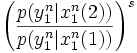  \left(\frac{p(y_1^n|x_1^n(2))}{p(y_1^n|x_1^n(1))}\right)^s