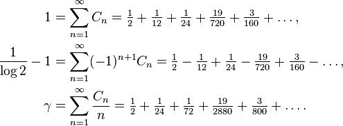 
\begin{align}
  1 &= \sum_{n=1}^{\infty}C_n
    = \tfrac12 + \tfrac1{12} + \tfrac1{24} + \tfrac{19}{720} + \tfrac3{160} + \dots,\\
 \frac1{\log2} - 1 &= \sum_{n=1}^{\infty}(-1)^{n+1}C_n
    = \tfrac12 - \tfrac1{12} + \tfrac1{24} - \tfrac{19}{720} + \tfrac3{160} - \dots,\\
 \gamma &= \sum_{n=1}^{\infty}\frac{C_n}{n}
  = \tfrac12 + \tfrac1{24} + \tfrac1{72} + \tfrac{19}{2880} + \tfrac3{800} + \dots.
\end{align}

