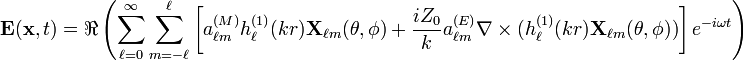 \mathbf{E}(\mathbf{x},t)=\Re\left(\sum_{\ell=0}^\infty \sum_{m=-\ell}^\ell \left[a_{\ell m}^{(M)} h_\ell^{(1)}(kr) \mathbf{X}_{\ell m}(\theta, \phi)+\frac{iZ_0}{k}a_{\ell m}^{(E)}\mathbf{\nabla}\times(h_\ell^{(1)}(kr)\mathbf{X}_{\ell m}(\theta, \phi))\right]e^{-i\omega t}\right)