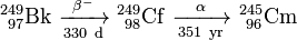 \mathrm{^{249}_{\ 97}Bk\ \xrightarrow [330 \ d]{\beta^-} \ ^{249}_{\ 98}Cf\ \xrightarrow [351 \ yr]{\alpha} \ ^{245}_{\ 96}Cm}