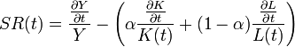  SR(t) = \frac {\frac{ \partial Y}{ \partial t}}{Y} - \left( \alpha \frac{ \frac{ \partial K}{ \partial t} }{K(t)} + (1 - {\alpha})\frac{  \frac{ \partial L}{ \partial t} } {L(t)} \right)  