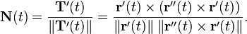 \mathbf{N}(t) = \frac{\mathbf{T}'(t)}{\|\mathbf{T}'(t)\|} = \frac{\mathbf{r}'(t) \times \left(\mathbf{r}''(t) \times \mathbf{r}'(t) \right)}{\left\|\mathbf{r}'(t)\right\| \, \left\|\mathbf{r}''(t) \times \mathbf{r}'(t)\right\|}.