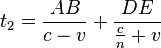 t_{2}=\frac{AB}{c-v}+\frac{DE}{\frac{c}{n}+v}