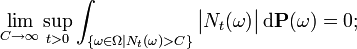 \lim_{C \to \infty} \sup_{t > 0} \int_{\{ \omega \in \Omega | N_{t} (\omega) > C \}} \big| N_{t} (\omega) \big| \, \mathrm{d} \mathbf{P} (\omega) = 0;
