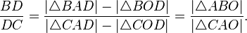 \frac{BD}{DC}=
\frac{|\triangle BAD|-|\triangle BOD|}{|\triangle CAD|-|\triangle COD|}
=\frac{|\triangle ABO|}{|\triangle CAO|}.