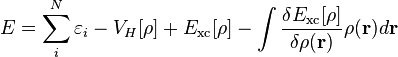 E = \sum_{i}^N \varepsilon_i - V_{H}[\rho] + E_{\rm xc}[\rho] - \int {\delta E_{\rm xc}[\rho]\over\delta\rho(\mathbf r)} \rho(\mathbf{r}) d\mathbf{r}