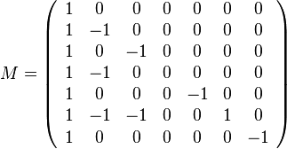 M = \left(
\begin{array}{ccccccc}
 1 & 0 & 0 & 0 & 0 & 0 & 0 \\
 1 & -1 & 0 & 0 & 0 & 0 & 0 \\
 1 & 0 & -1 & 0 & 0 & 0 & 0 \\
 1 & -1 & 0 & 0 & 0 & 0 & 0 \\
 1 & 0 & 0 & 0 & -1 & 0 & 0 \\
 1 & -1 & -1 & 0 & 0 & 1 & 0 \\
 1 & 0 & 0 & 0 & 0 & 0 & -1
\end{array}
\right)