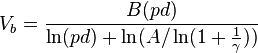 V_b=\frac{{B(pd)}}{{\ln(pd)+\ln(A/\ln(1+\frac{1}{\gamma}))}}