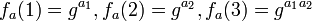  f_{a}(1) = g^{a_{1}}, f_{a}(2) = g^{a_{2}}, f_{a}(3) = g^{a_{1}a_{2}}