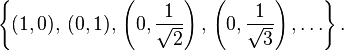 \left\{ (1,0) , \, (0,1), \, \left(0,\frac{1}{\sqrt{2}}\right) , \, \left(0,\frac{1}{\sqrt{3}}\right), \ldots \right\}.