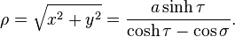 
\rho=\sqrt{x^2+y^2}=\frac{a\sinh\tau}{\cosh\tau-\cos\sigma}.
