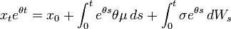  x_t e^{\theta t} = x_0 + \int_0^t e^{\theta s}\theta \mu \, ds + \int_0^t \sigma e^{\theta s}\, dW_s \, 