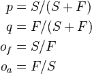 
\begin{align}
p &= S/(S+F)\\
q &= F/(S+F)\\
o_f &= S/F\\
o_a &= F/S
\end{align}
