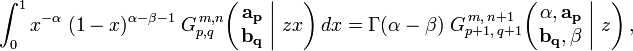 
\int_0^1 x^{-\alpha} \; (1-x)^{\alpha - \beta - 1} \; G_{p,q}^{\,m,n} \!\left( \left. \begin{matrix} \mathbf{a_p} \\ \mathbf{b_q} \end{matrix} \; \right| \, z x \right) dx =
\Gamma (\alpha - \beta) \; G_{p+1 ,\, q+1}^{\,m ,\, n+1} \!\left( \left. \begin{matrix} \alpha, \mathbf{a_p} \\ \mathbf{b_q}, \beta \end{matrix} \; \right| \, z \right),
