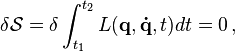 \delta\mathcal{S} = \delta\int_{t_1}^{t_2} L(\mathbf{q},\mathbf{\dot{q}},t) dt = 0\,,