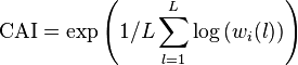 \text{CAI}=\exp \left( 1/L \sum_{l=1}^L{\log \left(w_i(l)\right)}\right)