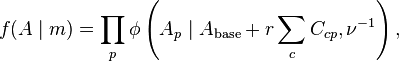  f(A \mid m) = \prod_p \phi \left(A_p \mid A_\text{base} + r\sum_c C_{cp}, \nu^{-1}  \right) ,