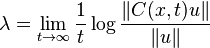 \lambda=\lim_{t\to\infty}{1\over t} \log{\|C(x,t)u\| \over \|u\|}