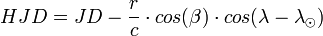 HJD = JD - \frac{r}{c} \cdot cos(\beta) \cdot cos(\lambda - \lambda_{\odot})