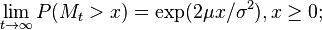 \lim_{t\rightarrow \infty}P(M_t > x)=\exp(2\mu x/\sigma^2 ), x \geq 0; 