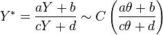 Y^* = {aY + b \over cY + d} \sim C\left({a\theta + b \over c\theta + d}\right)