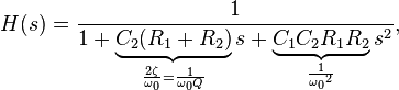 H(s)=\frac{1}{1+\underbrace{C_2(R_1+R_2)}_{\frac{2 \zeta}{\omega_0} = \frac{1}{\omega_0 Q} }s+\underbrace{C_1C_2R_1R_2}_{\frac{1}{{\omega_0}^2}}s^2},