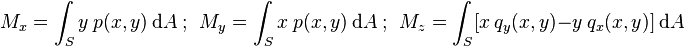 
  M_x = \int_S y~p(x,y)~ \mathrm{d}A ~;~~ M_y = \int_S x~p(x,y)~ \mathrm{d}A ~;~~ M_z = \int_S [x~q_y(x,y) - y~q_x(x,y)]~ \mathrm{d}A
  