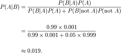 \begin{align} P(A | B) &= \frac{P(B | A) P(A)}{P(B | A)P(A) + P(B |\text{not }A)P(\text{not }A)} \\ \\
 &= \frac{0.99\times 0.001}{0.99 \times 0.001 + 0.05\times 0.999} \\ ~\\ &\approx 0.019. \end{align}