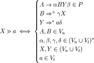  X \gtrdot a \iff \begin{cases} A \to \alpha B Y \beta \in P \\ B \Rightarrow^+ \gamma X \\ Y \Rightarrow^* a \delta \\ A, B \in V_n \\ \alpha , \beta, \gamma, \delta \in (V_n \cup V_t)^* \\ X, Y \in (V_n \cup V_t) \\ a \in V_t \end{cases} 