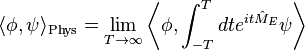 \langle\phi, \psi\rangle_{\text{Phys}} = \lim_{T \rightarrow \infty} \biggl\langle\phi, \int_{-T}^T dt e^{i t \hat{M}_E} \psi\biggr\rangle