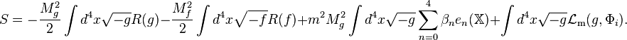 S = -\frac{M_g^2}{2}\int d^4x \sqrt{-g}R(g )-\frac{M_f^2}{2}\int d^4x \sqrt{-f}R(f) + m^2M_g^2\int d^4x\sqrt{-g}\displaystyle\sum_{n=0}^4\beta_ne_n(\mathbb{X}) + \int d^4x\sqrt{-g}\mathcal{L}_\mathrm{m}(g,\Phi_i).