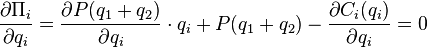 \frac{\partial \Pi_i }{\partial q_i} = \frac{\partial P(q_1+q_2) }{\partial q_i} \cdot q_i + P(q_1+q_2) - \frac{\partial C_i (q_i)}{\partial q_i}=0