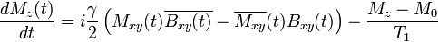 \frac {d M_z(t)} {d t} = i \frac{\gamma}{2} \left ( M_{xy} (t) \overline{B_{xy} (t)} - 
\overline {M_{xy}} (t) B_{xy} (t) \right )
- \frac {M_z - M_0} {T_1}