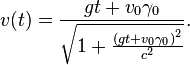 v(t) =\frac{gt + v_0\gamma_0}{\sqrt{1 + \frac{ \left(gt + v_0\gamma_0\right)^2}{c^2}}}.