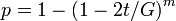 p = 1 - \left(1 - 2 t / G\right)^m