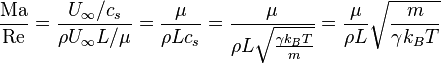 \frac{\mathrm{Ma}}{\mathrm{Re}}=\frac{U_\infty /  c_s}{\rho  U_\infty L /  \mu }=\frac{\mu }{\rho  L c_s}=\frac{\mu }{\rho  L \sqrt{\frac{\gamma  k_BT}{m}}}=\frac{\mu }{\rho  L }\sqrt{\frac{m}{\gamma  k_BT}}