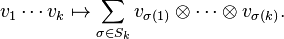 v_1\cdots v_k \mapsto \sum_{\sigma \in S_k} v_{\sigma(1)}\otimes \cdots \otimes v_{\sigma(k)}.