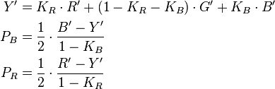 \begin{align}
   Y' &= K_R \cdot R' + (1 - K_R - K_B) \cdot G' + K_B \cdot B'\\
  P_B &=\frac12 \cdot \frac{B' - Y'}{1 - K_B}\\  
  P_R &=\frac12 \cdot \frac{R' - Y'}{1 - K_R}
\end{align}