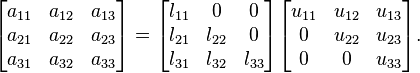 
        \begin{bmatrix}
           a_{11} & a_{12} & a_{13} \\
           a_{21} & a_{22} & a_{23} \\
           a_{31} & a_{32} & a_{33}
        \end{bmatrix} =
      \begin{bmatrix}
           l_{11} & 0 & 0 \\
           l_{21} & l_{22} & 0 \\
           l_{31} & l_{32} & l_{33}
        \end{bmatrix}
        \begin{bmatrix}
           u_{11} & u_{12} & u_{13} \\
           0 & u_{22} & u_{23} \\
           0 & 0 & u_{33}
        \end{bmatrix}.
