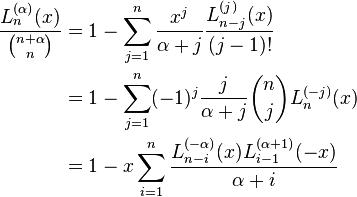 \begin{align}
\frac{L_n^{(\alpha)}(x)}{{n+ \alpha \choose n}} &= 1- \sum_{j=1}^n \frac{x^j}{\alpha + j} \frac{L_{n-j}^{(j)}(x)}{(j-1)!} \\
&= 1- \sum_{j=1}^n (-1)^j \frac{j}{\alpha + j} {n \choose j}L_n^{(-j)}(x) \\
&= 1-x \sum_{i=1}^n \frac{L_{n-i}^{(-\alpha)}(x) L_{i-1}^{(\alpha+1)}(-x)}{\alpha +i}
\end{align}