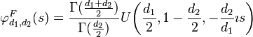 \varphi^F_{d_1, d_2}(s) = \frac{\Gamma(\frac{d_1+d_2}{2})}{\Gamma(\tfrac{d_2}{2})} U \! \left(\frac{d_1}{2},1-\frac{d_2}{2},-\frac{d_2}{d_1} \imath s \right)