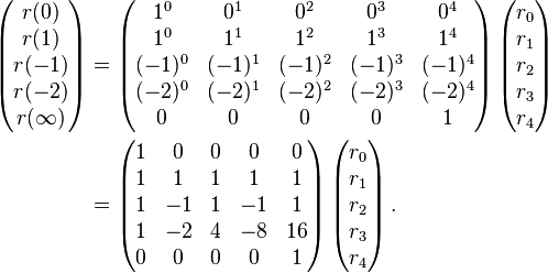 
\begin{align}
\left(\begin{matrix}r(0) \\ r(1) \\ r(-1) \\ r(-2) \\ r(\infty)\end{matrix}\right) & {} =
\left(\begin{matrix}
1^0 & 0^1 & 0^2 & 0^3 & 0^4 \\
1^0 & 1^1 & 1^2 & 1^3 & 1^4 \\
(-1)^0 & (-1)^1 & (-1)^2 & (-1)^3 & (-1)^4 \\
(-2)^0 & (-2)^1 & (-2)^2 & (-2)^3 & (-2)^4 \\
0 & 0 & 0 & 0 & 1
\end{matrix}\right)
\left(\begin{matrix}r_0 \\ r_1 \\ r_2 \\ r_3 \\ r_4\end{matrix}\right) \\
 & {} =
\left(\begin{matrix}
1 &  0 & 0 &  0 & 0  \\
1 &  1 & 1 &  1 & 1  \\
1 & -1 & 1 & -1 & 1  \\
1 & -2 & 4 & -8 & 16 \\
0 &  0 & 0 &  0 & 1
\end{matrix}\right)
\left(\begin{matrix}r_0 \\ r_1 \\ r_2 \\ r_3 \\ r_4\end{matrix}\right).
\end{align}
