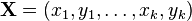 \mathbf{X} = (x_1, y_1, \ldots, x_k, y_k)