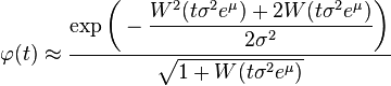 \varphi(t)\approx\frac{\exp\bigg(-\dfrac{W^2(t\sigma^2e^\mu)+2W(t\sigma^2e^\mu)}{2\sigma^2}\bigg)}{\sqrt{1+W(t\sigma^2e^\mu)}}

