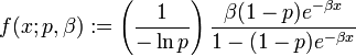  f(x; p, \beta) := \left( \frac{1}{-\ln p}\right) \frac{\beta(1-p)e^{-\beta x}}{1-(1-p)e^{-\beta x}} 