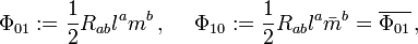 \Phi_{01}:=\frac{1}{2}R_{ab}l^a m^b\,, \quad\; \Phi_{10}:=\frac{1}{2}R_{ab}l^a \bar{m}^b=\overline{\Phi_{01}}\,,