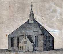 A worn illustration of a building with a tall peaked roof topped with a cupola